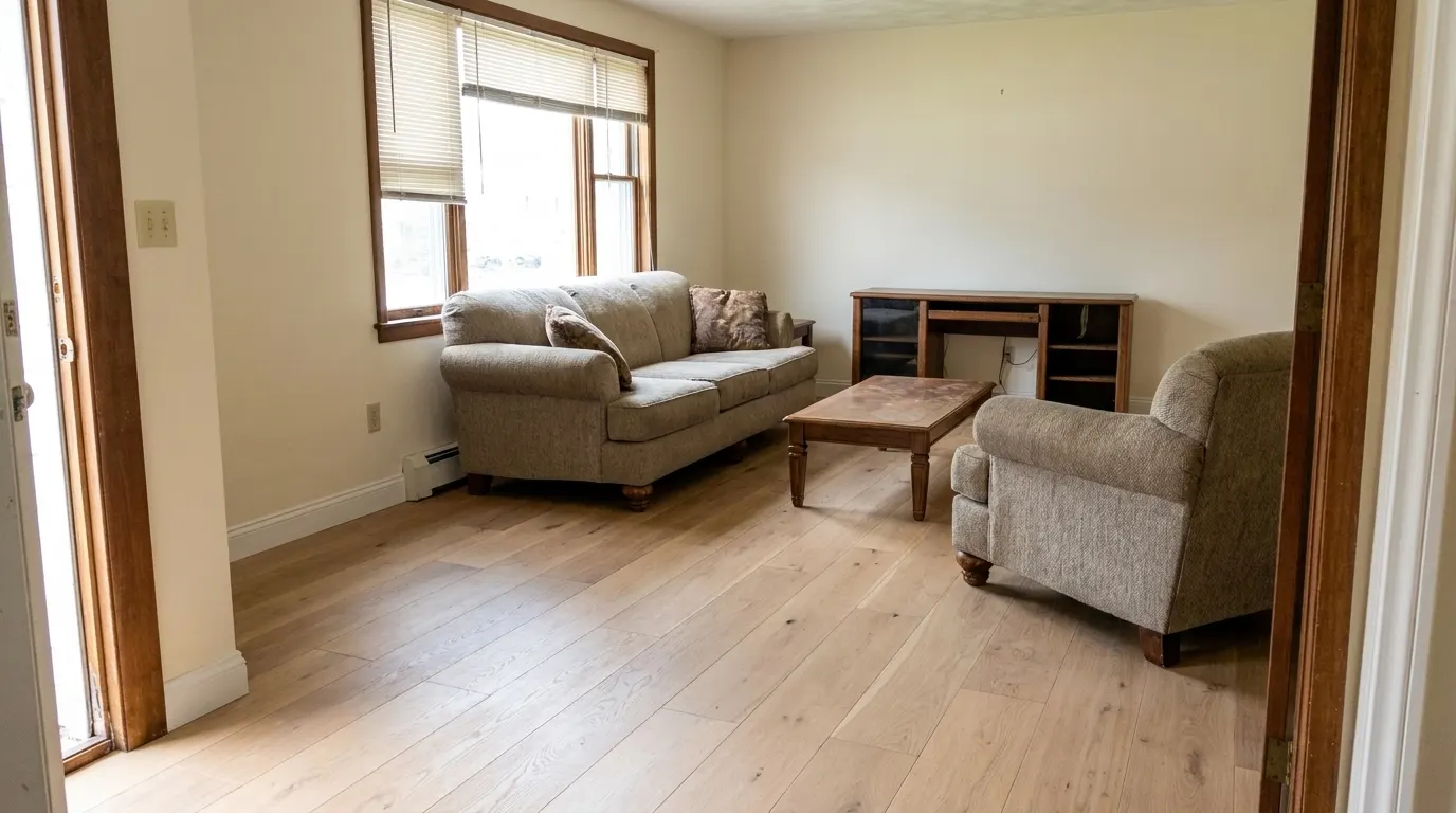 Same living room with new premium plank flooring and repaired walls after restoration