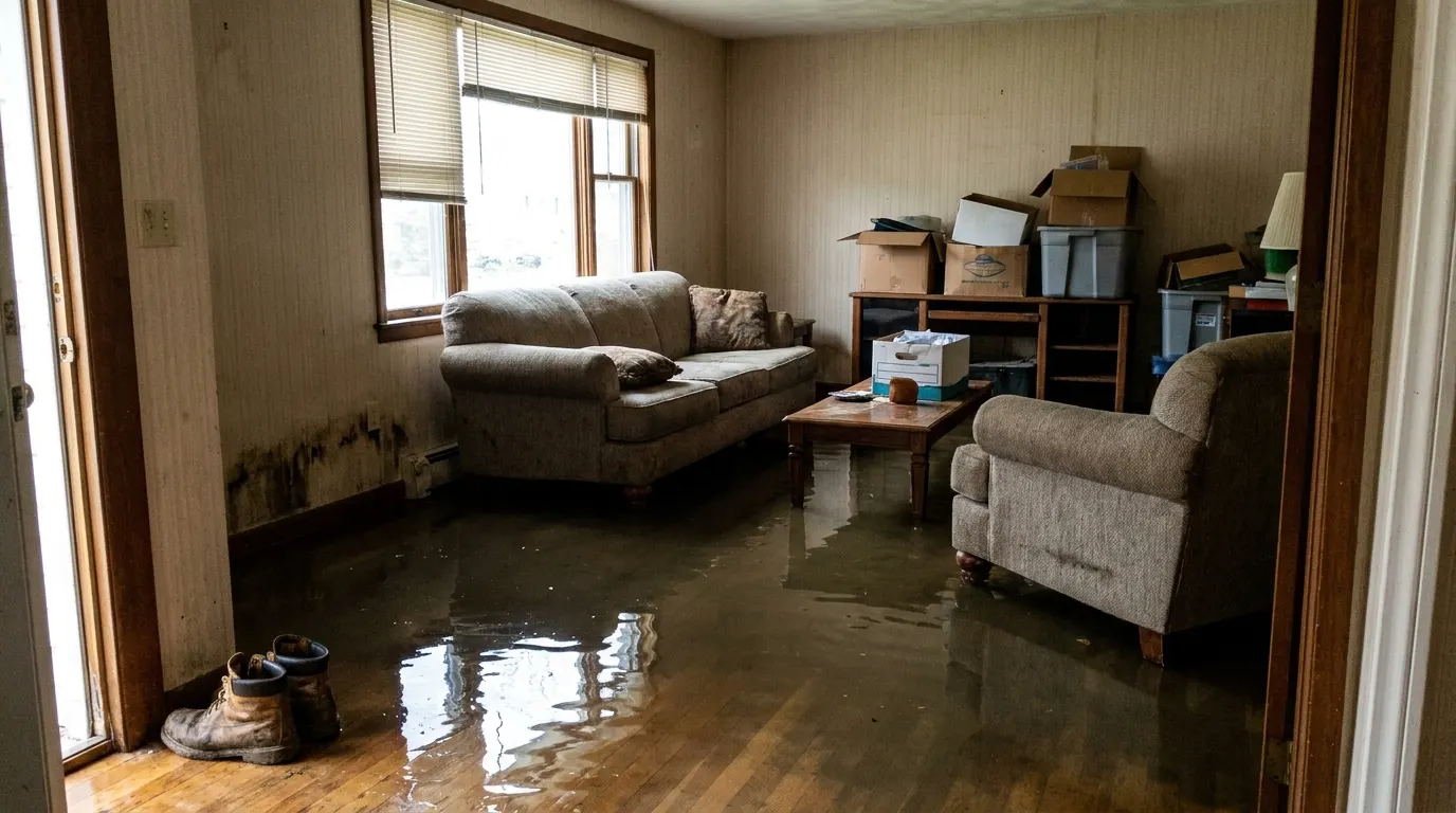Flooded living room with standing water before restoration